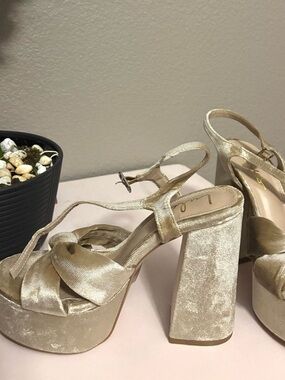 Lulu's Gold Velvet Knotted Platform Slingback Heels